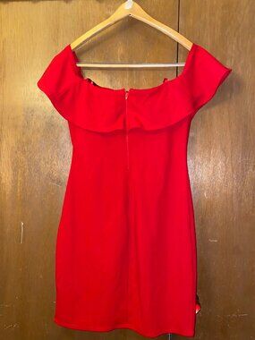Sequin Hearts red fitted ruffle off sholder dress with small slit